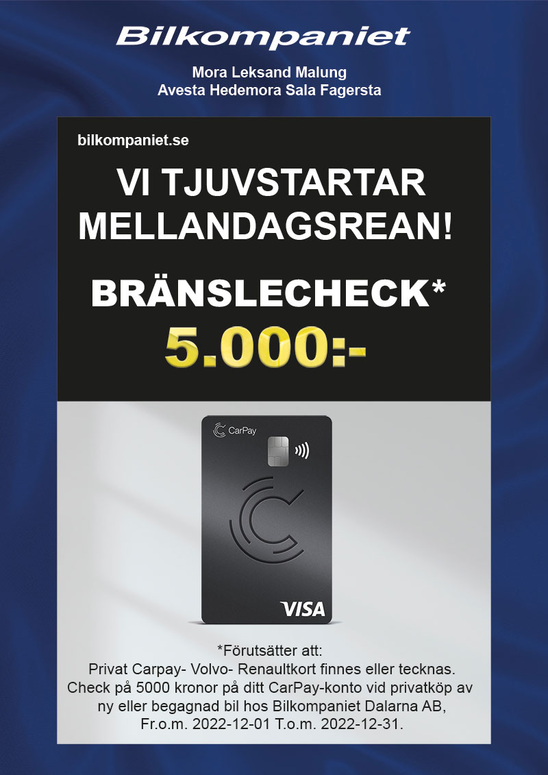 Bränslecheck 5000 kr vid privatköp av bil. hos bilkompaniet Dalarna AB. Mellandagsrea!