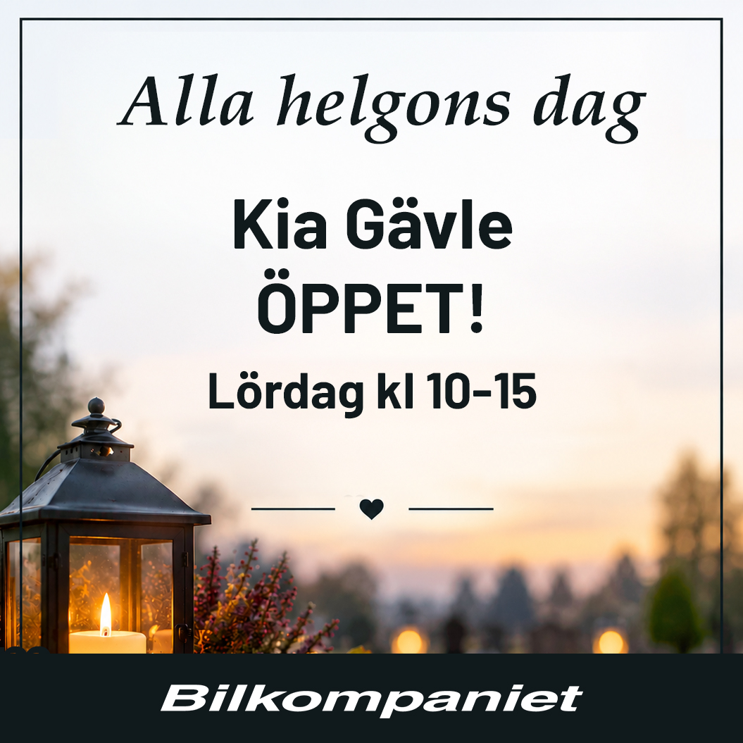 Kia Gävle Bilkompaniet Mitt AB, Öppet lördag 10-15 på Alla Helgons Dag år 2026. Kia Gävle Bilkompaniet Mitt AB, Öppet lördag 10-15 på Alla Helgons Dag år 2026.